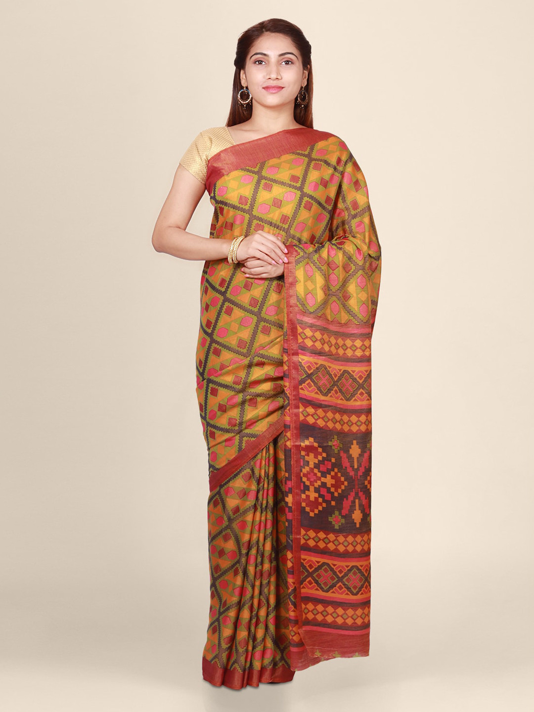 CLAI WORLD Green & Yellow Brasso Printed Handloom Saree