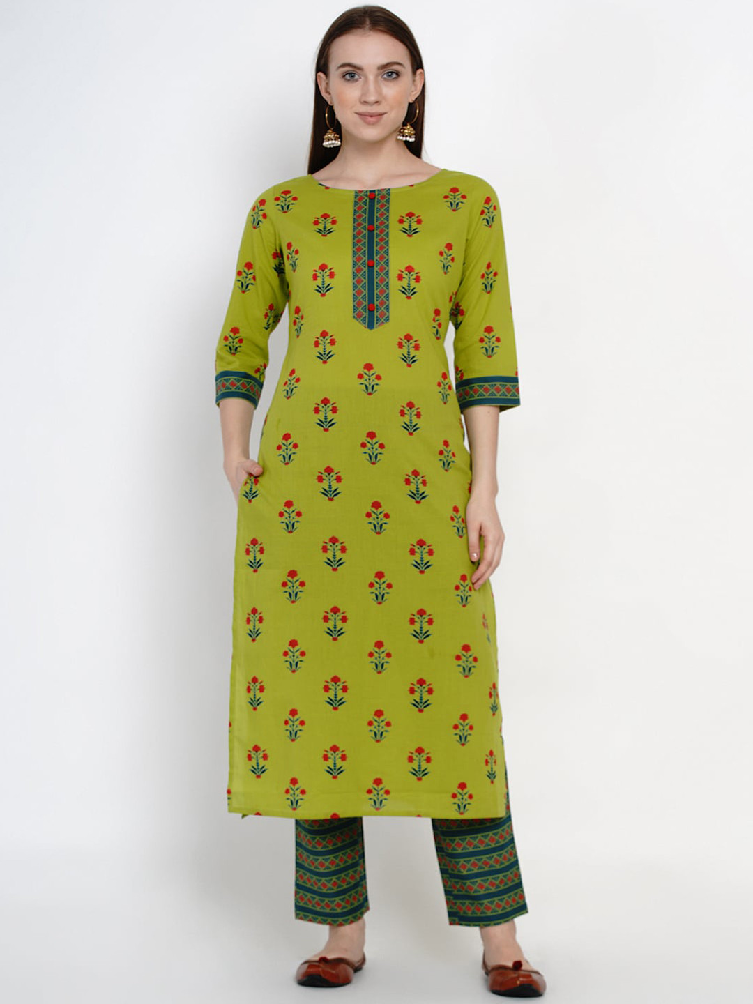 Yuris Women Green & Red Printed Kurta with Trousers