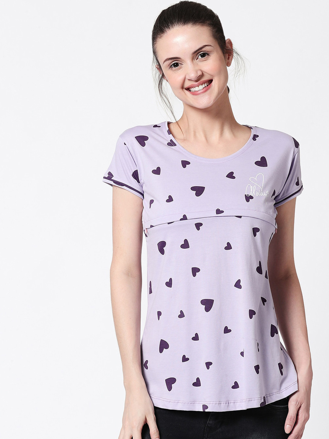 Zeyo Women Purple Printed Nursing & Feeding Pure Cotton Lounge Top