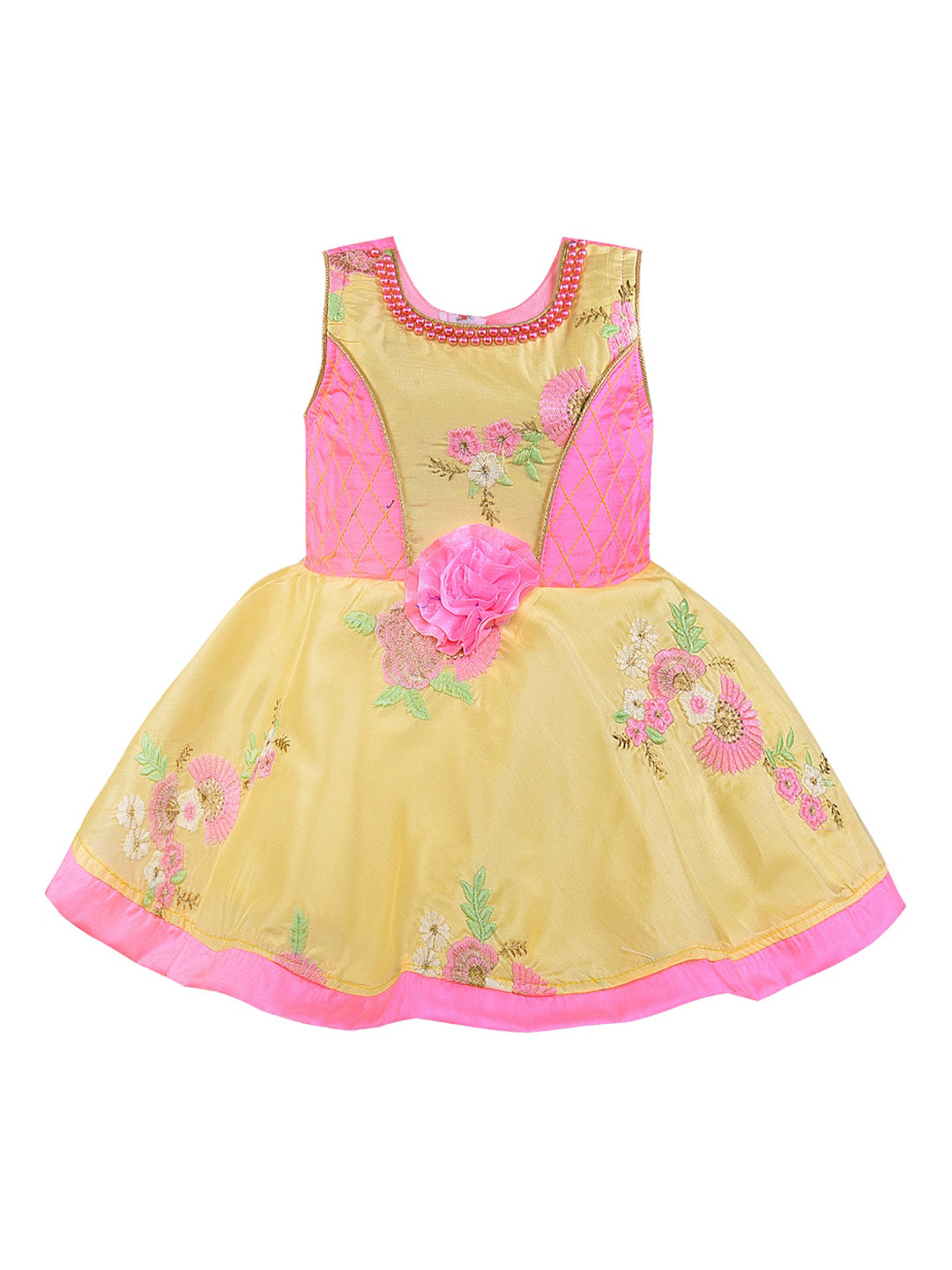 Wish Karo Girls Pink & Yellow Floral Printed Fit and Flare Dress
