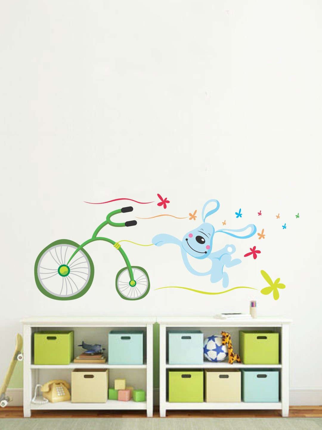 rawpockets Blue & Green Dog & Cycle Printed Wall Stickers
