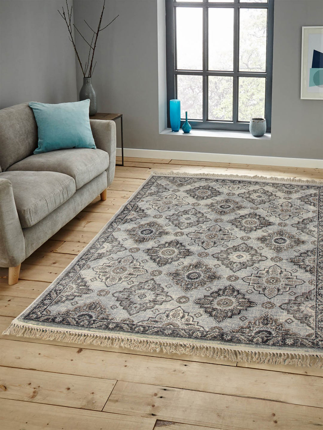 OBSESSIONS Grey & Beige Printed Belluchi Anti-Skid Carpet