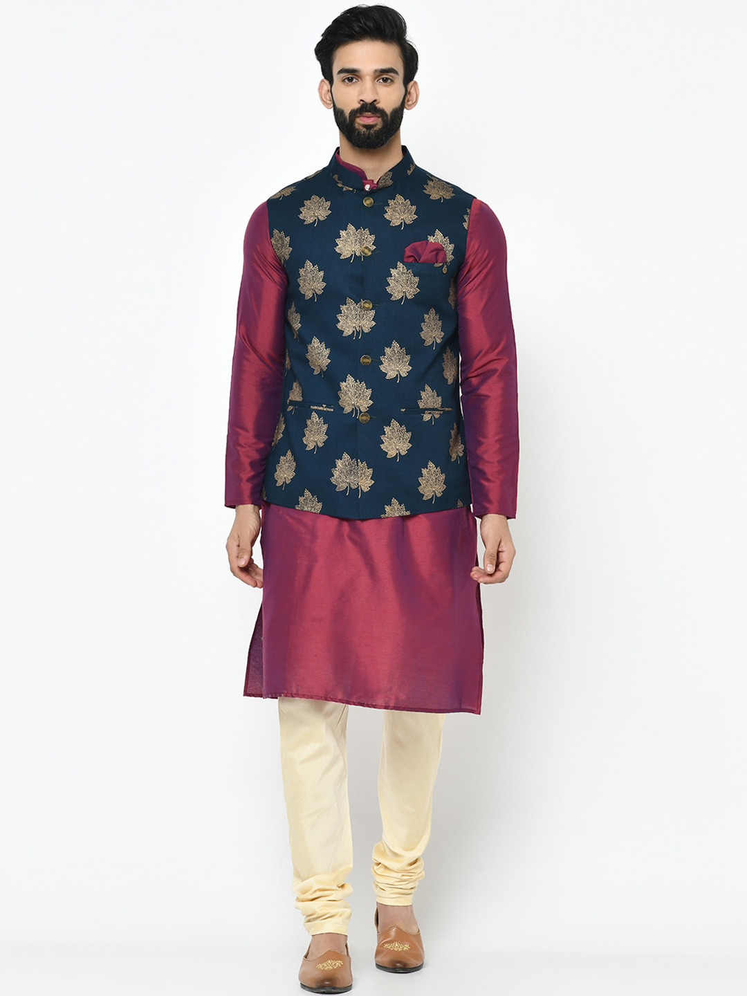 KISAH Men Navy Blue & Gold-Toned Solid Kurta with Churidar