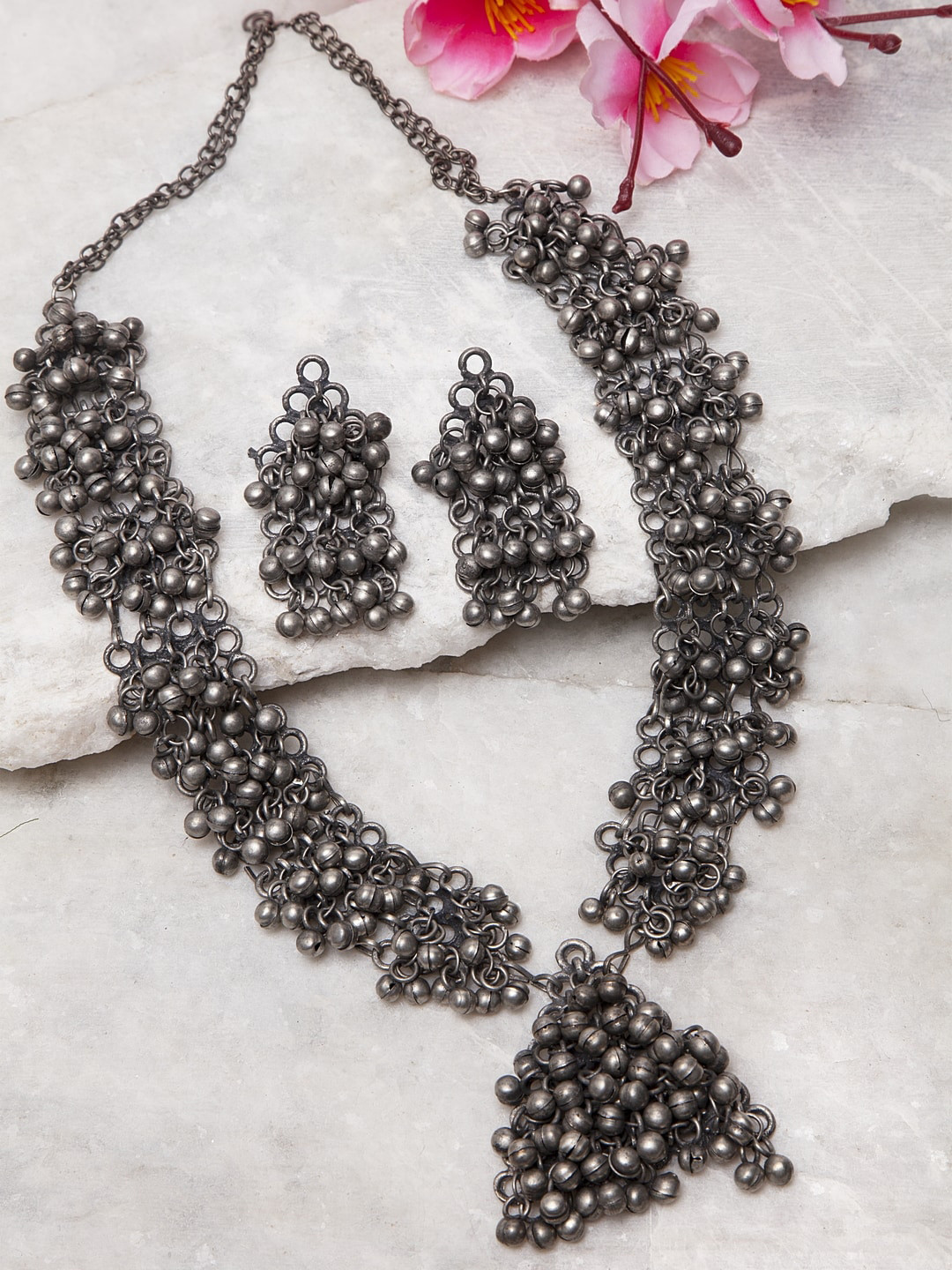 Moedbuille Silver-Plated Ghungroo Studded Antique Filigree Work Tribal Temple Design Oxidised Jewellery Set