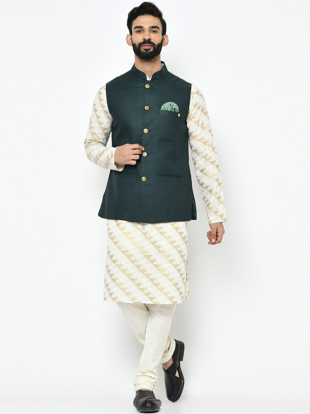 KISAH Men Solid Regular Fit Geometric Pattern Kurta Jacket Churidar Set