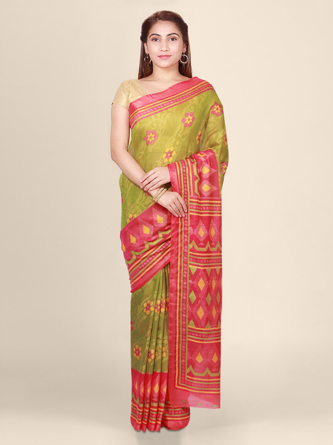CLAI WORLD Green & Pink Brasso Woven Design Saree