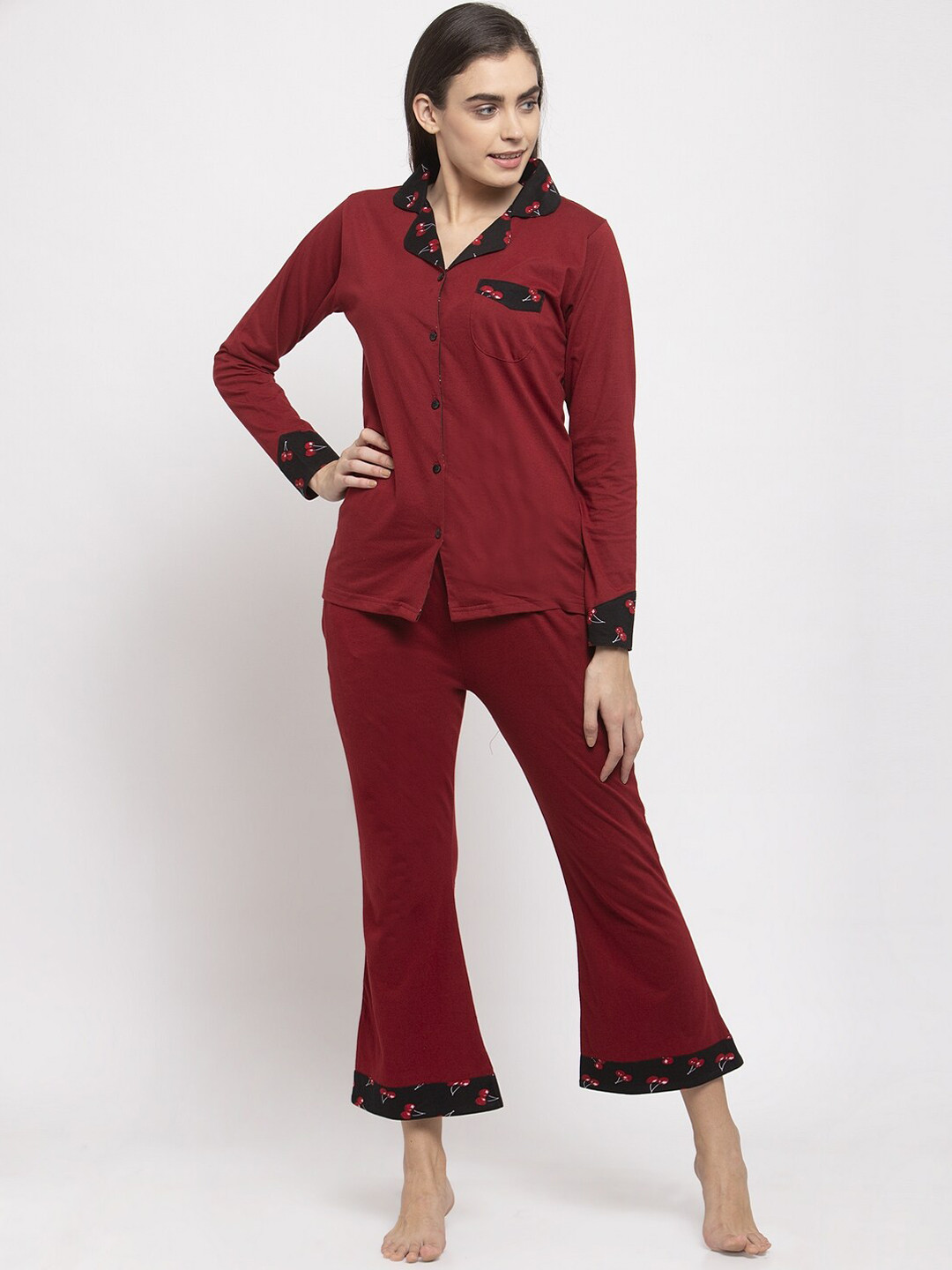 Claura Women Maroon Solid Cotton Night Suit