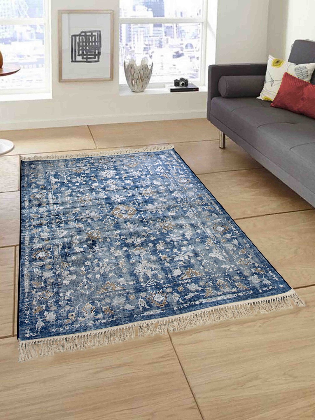 OBSESSIONS Blue & Grey Ethnic Motifs Belluchi Anti-Skid Carpet