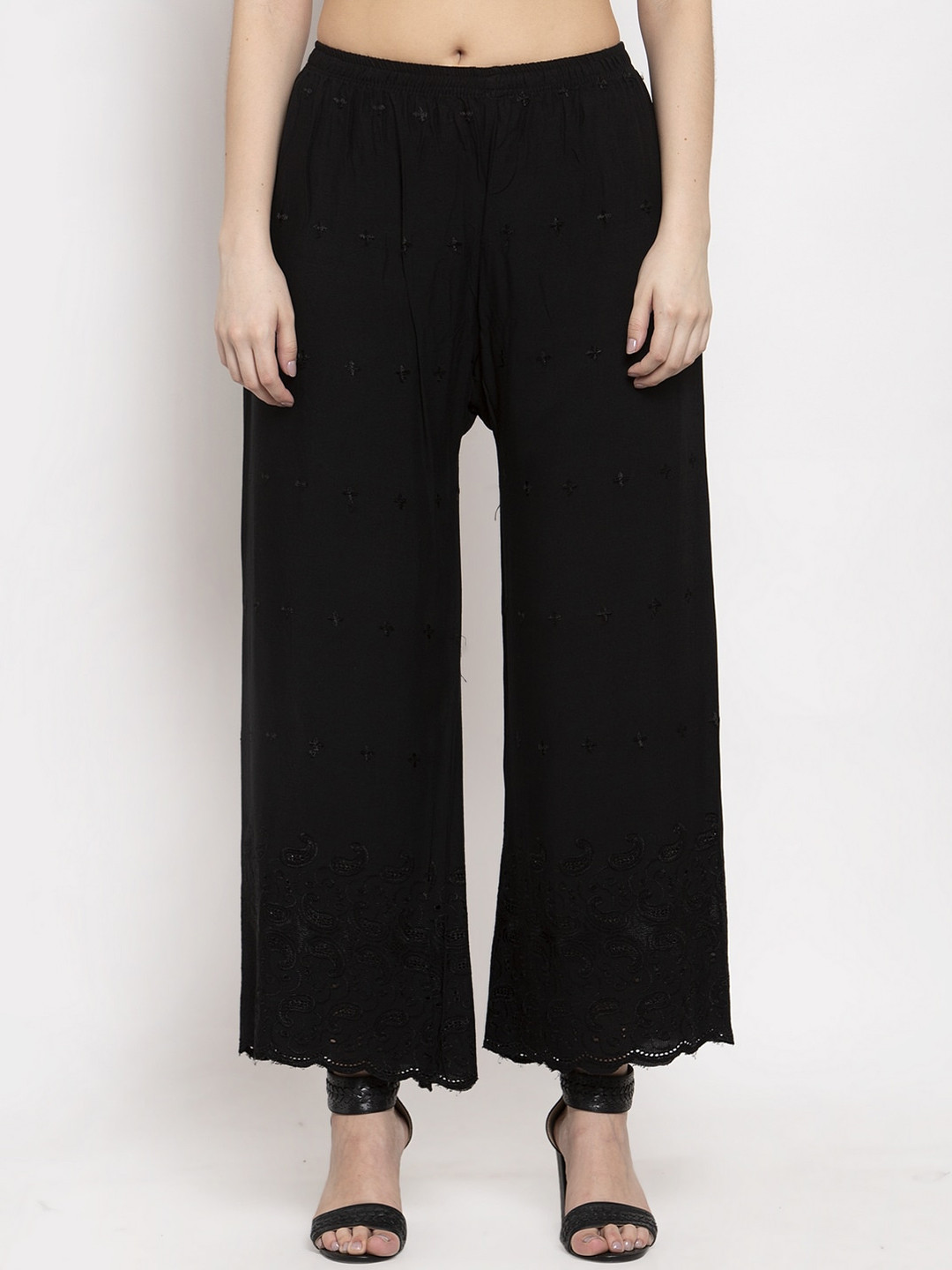 Miaz Lifestyle Women Black Embroidered Straight-Leg Palazzo