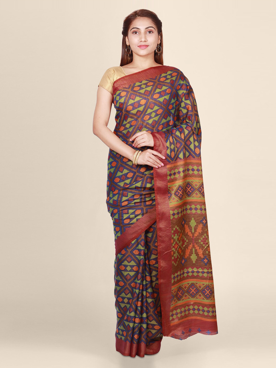 CLAI WORLD Multicoloured Printed Handloom Brasso Saree