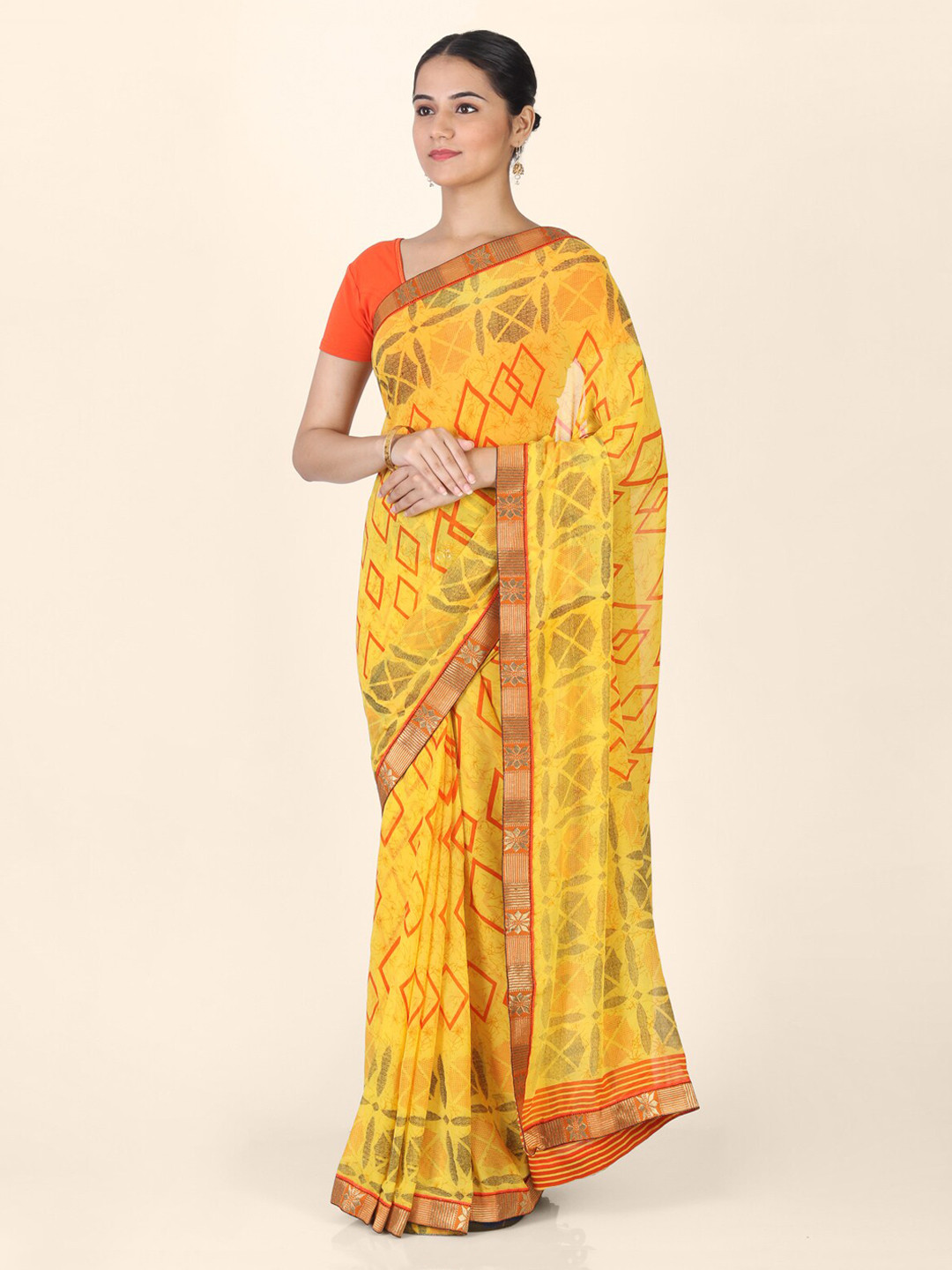 CLAI WORLD Yellow Printed Handloom Poly Georgette Saree