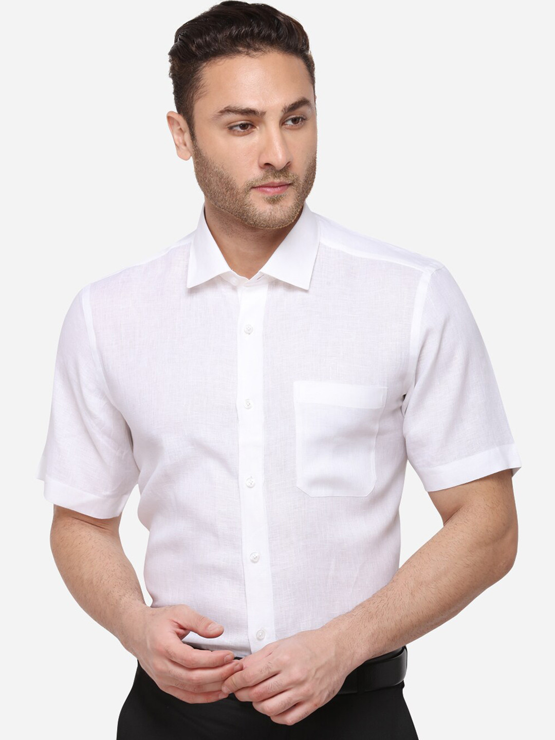 JADE BLUE Men White Regular Fit Solid Formal Linen Shirt