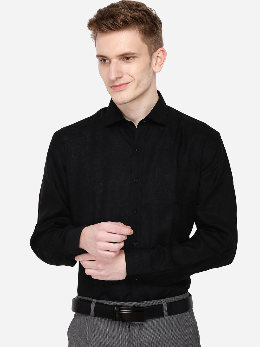JADE BLUE Men Black Regular Fit Solid Linen Formal Shirt