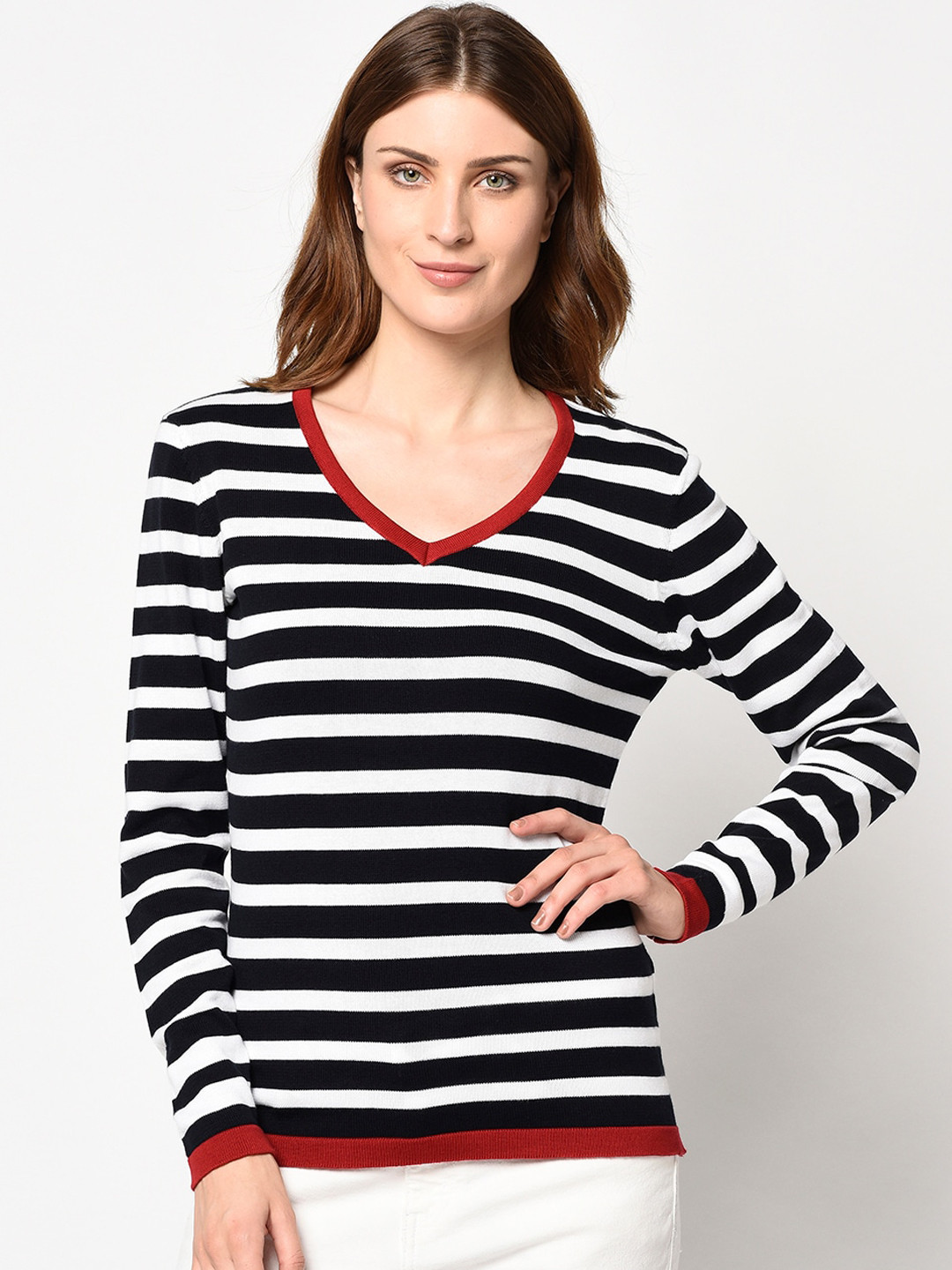 98 Degree North Women Navy Blue Striped Pullover Sweater
