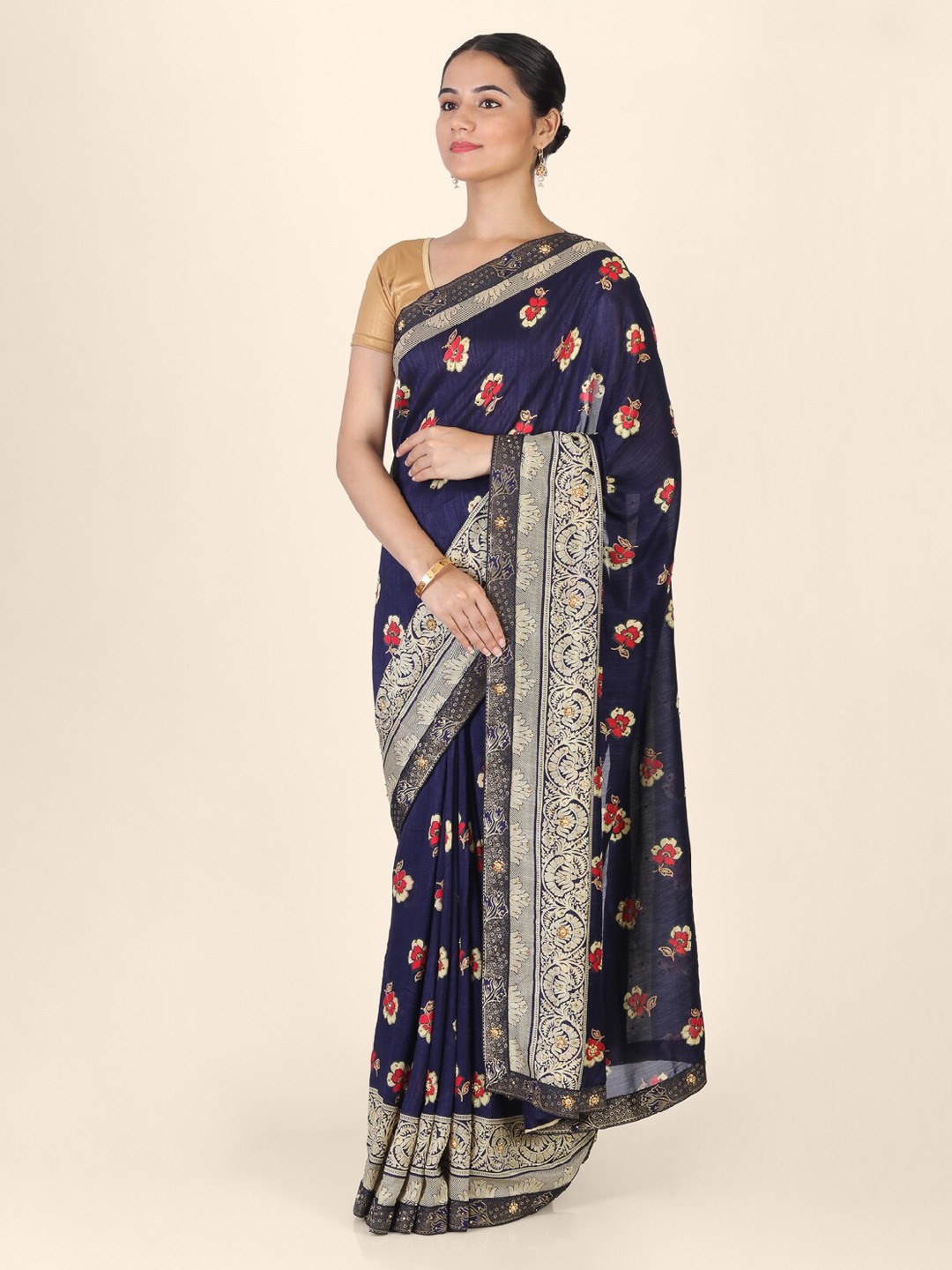 CLAI WORLD Navy Blue Printed Handloom Cotton Blend Saree