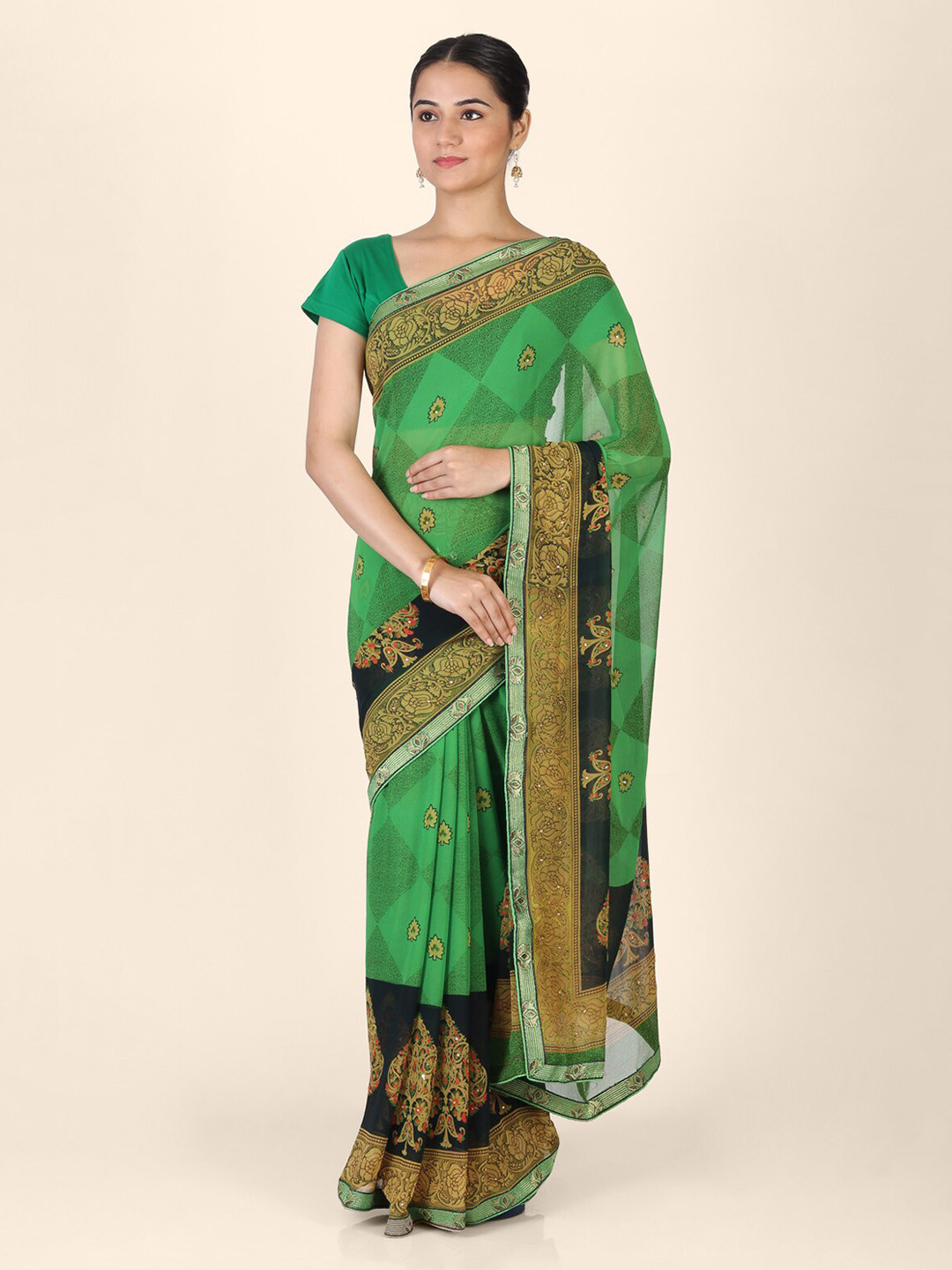 CLAI WORLD Green & Black Poly Georgette Printed Saree