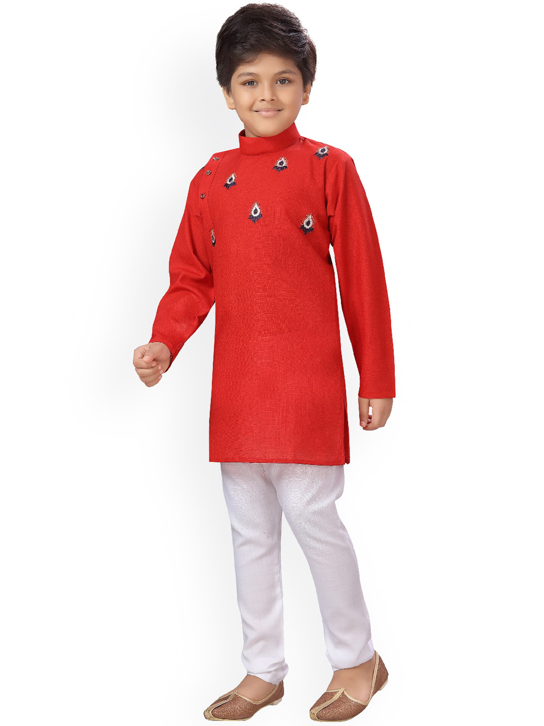ahhaaaa Boys Red & White Silk-Blend Sherwani Set