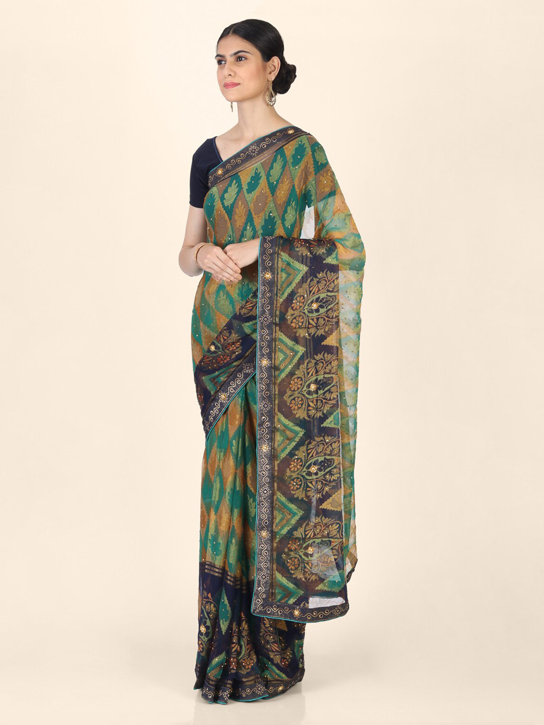 CLAI WORLD Blue & Green Handloom Poly Georgette Woven Design Saree