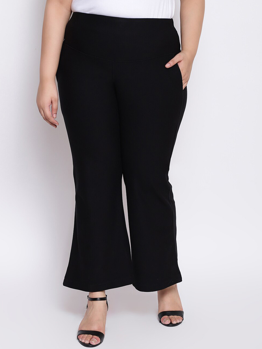 Amydus Women Plus Size Black Flared Solid Parallel Trousers