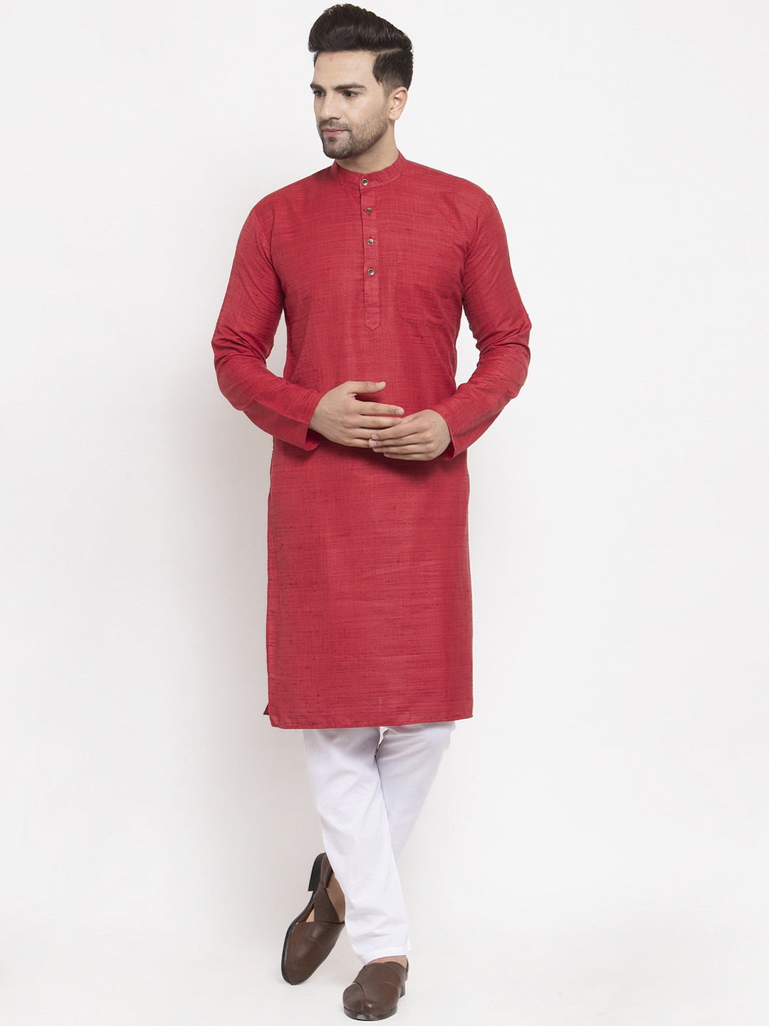 Jompers Men Maroon & White Solid Kurta with Pyjamas