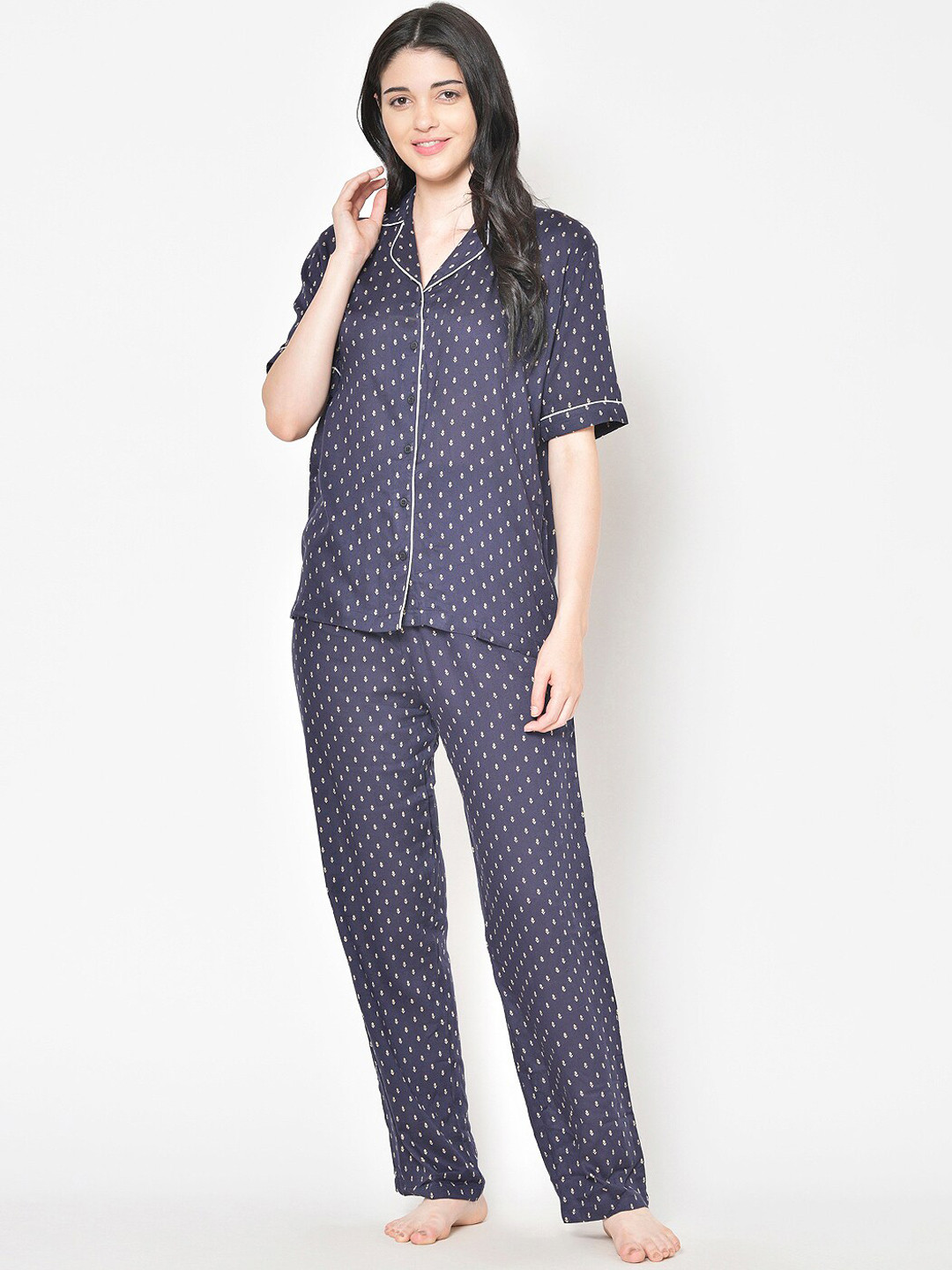 Cation Women Navy Blue And White Printed Night Suit
