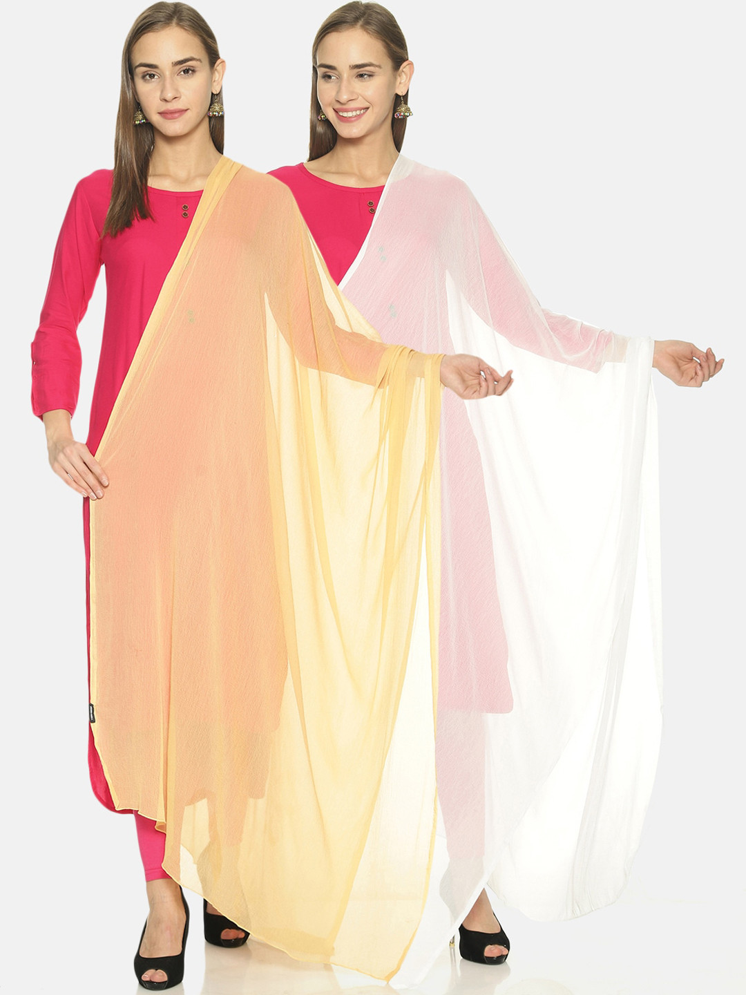 TWIN BIRDS White & Beige Pack of 2 Solid Dupatta