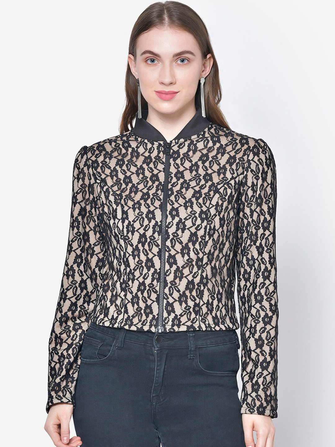 Martini Women Beige & Black Floral Lace Short Jacket