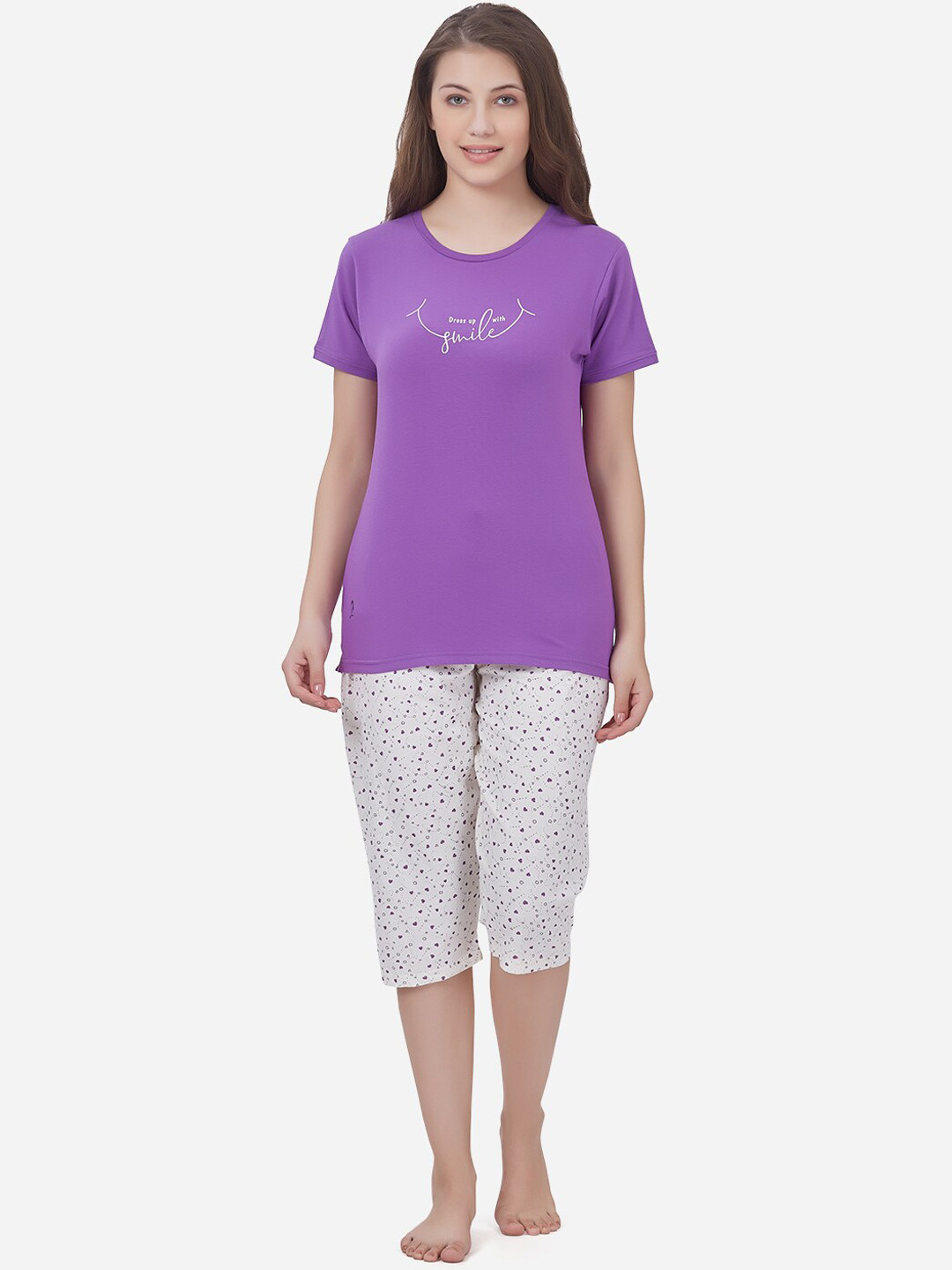 Lenissa Women Purple & White Printed Night Suit