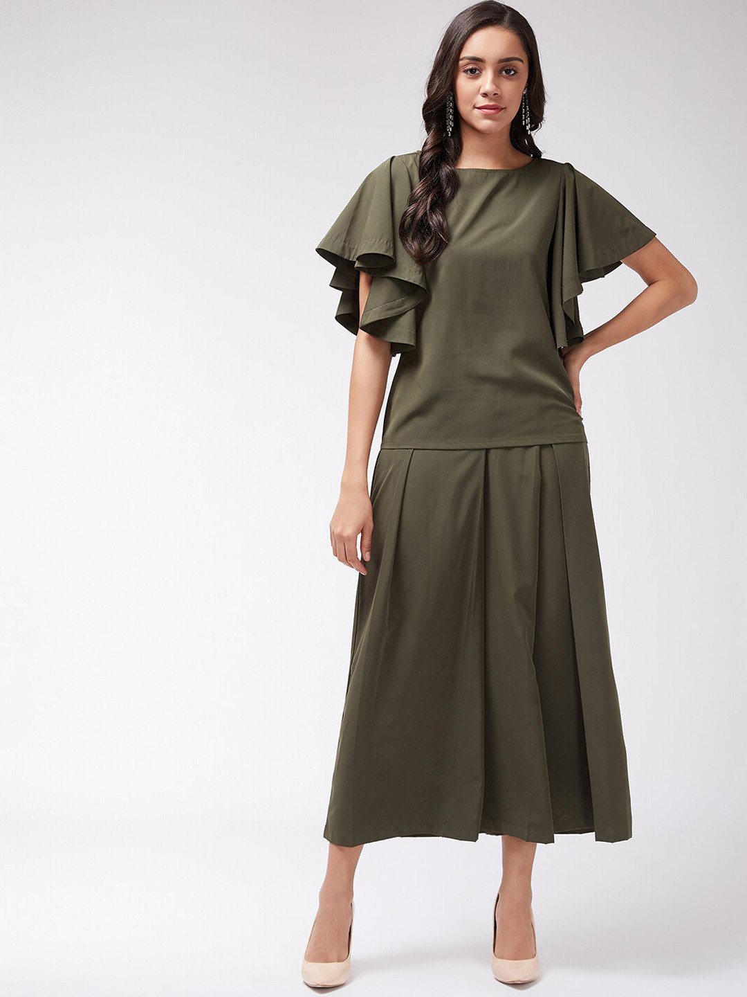 Zima Leto Women Olive Green Solid Top With Pleated Pants