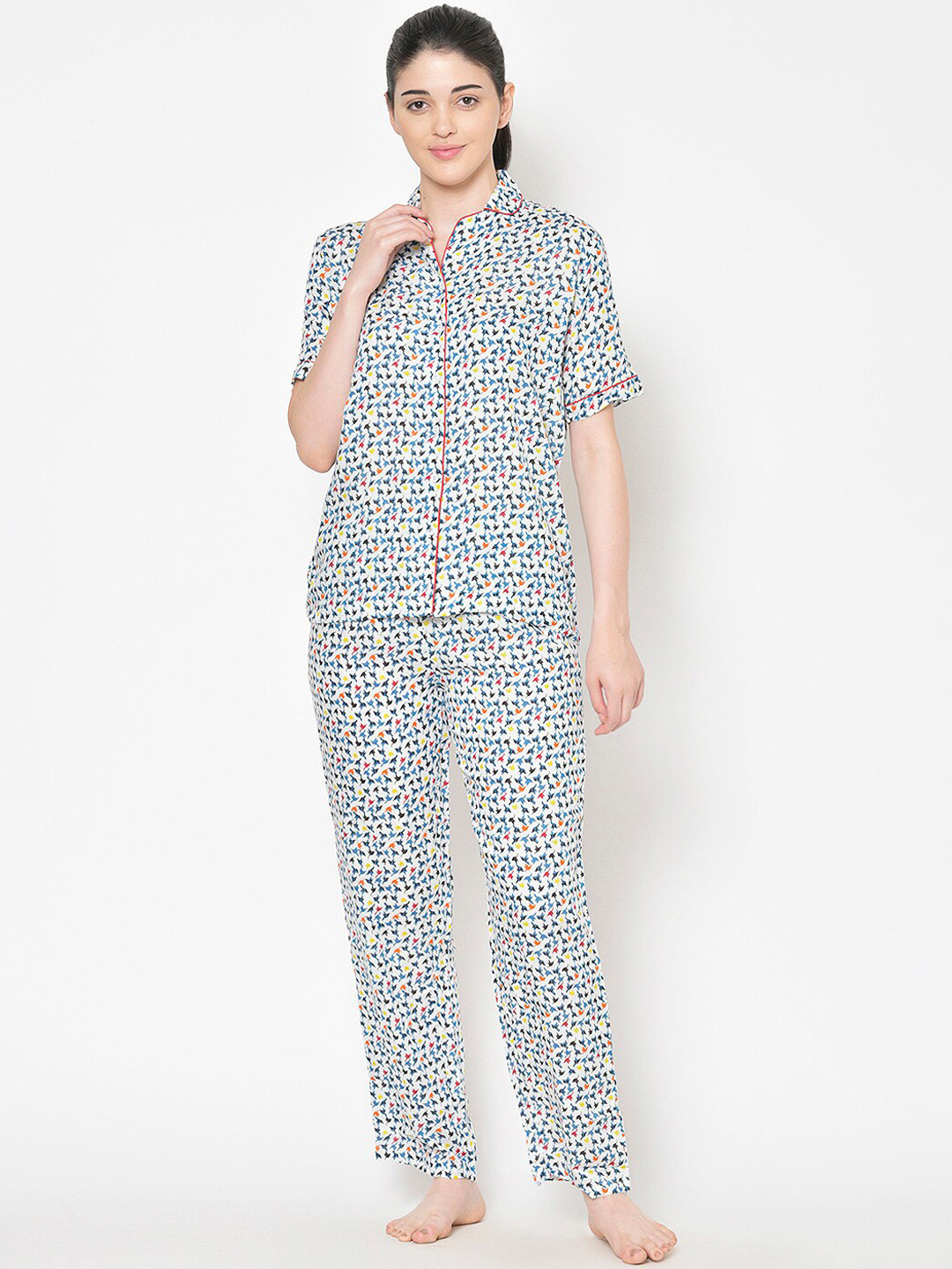 Cation Women White And Blue Printed Night Suit