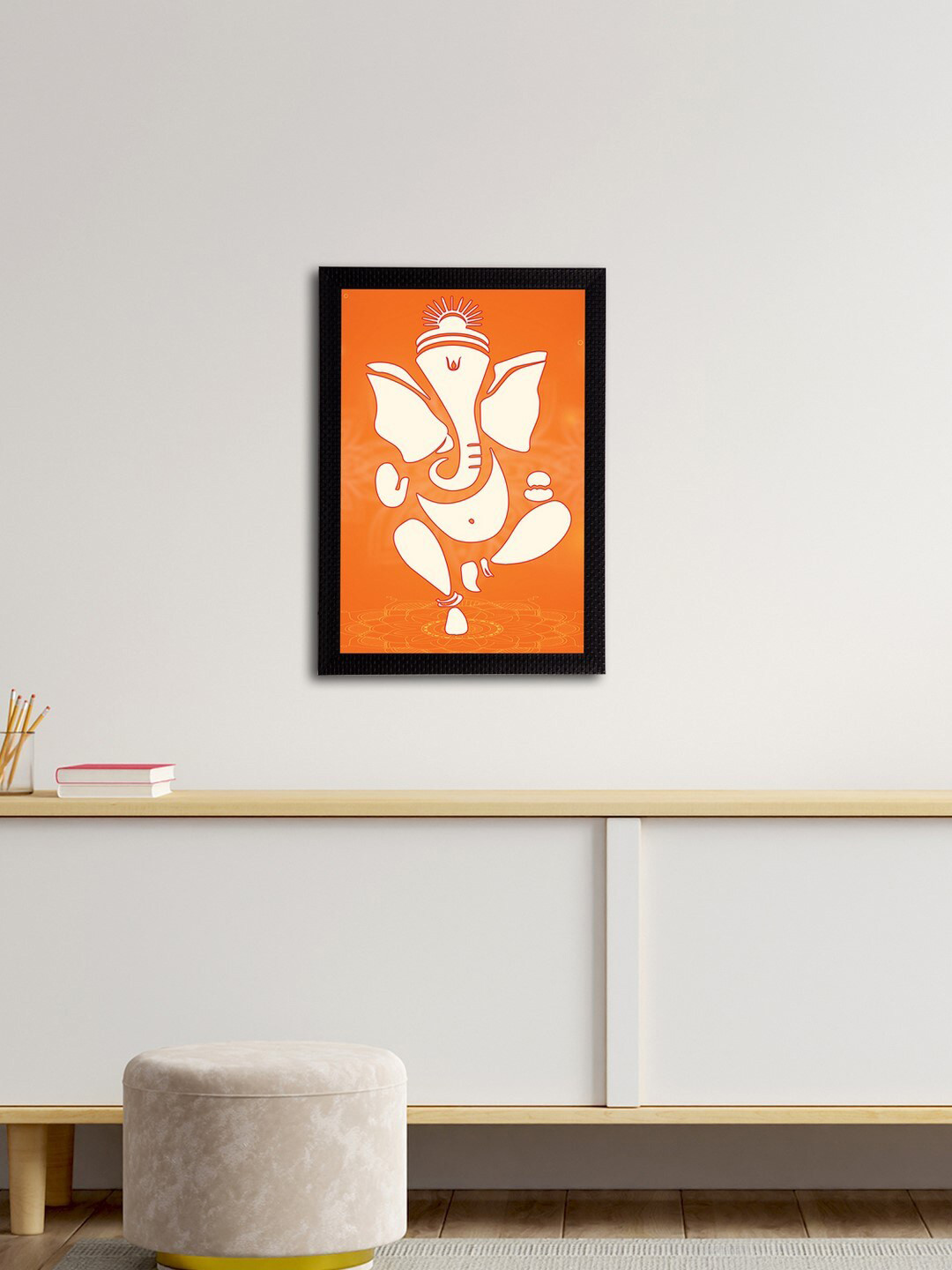 eCraftIndia Orange & Cream-Colored Lord Ganesha Satin Matt Textured UV Wall Art
