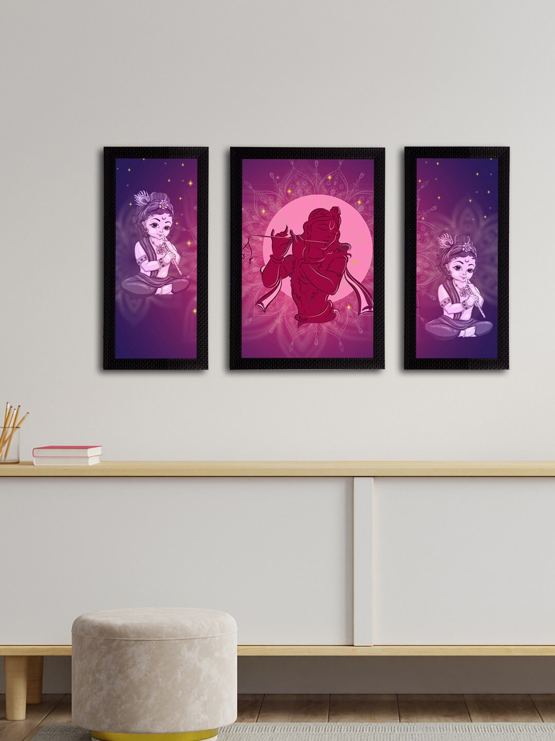eCraftIndia Set of 3 Purple & Pink Lord Krishna Satin Matt Texture UV Wall Arts