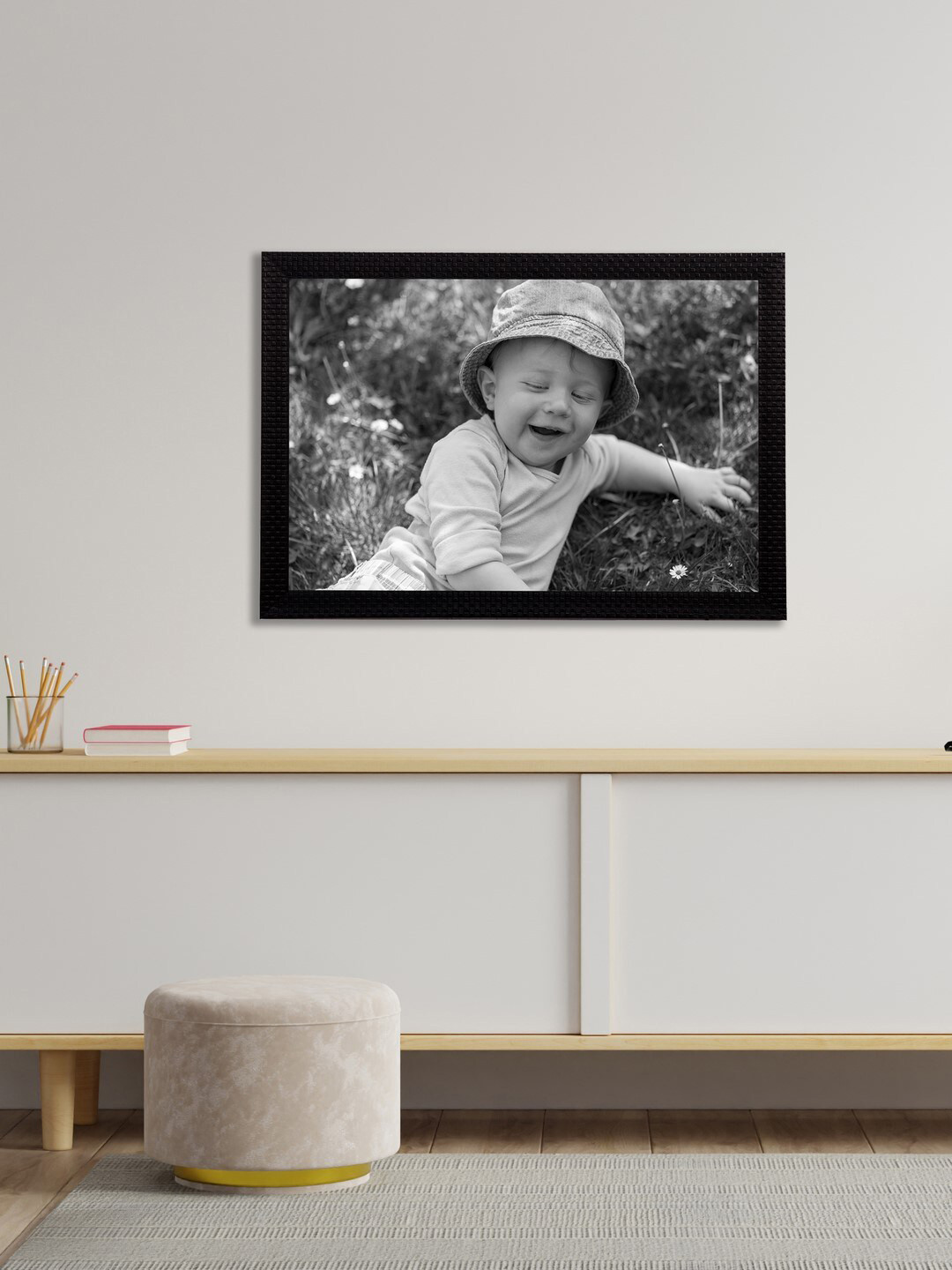 eCraftIndia Off-White & Black Cute Baby Satin Matt Texture UV Wall Art