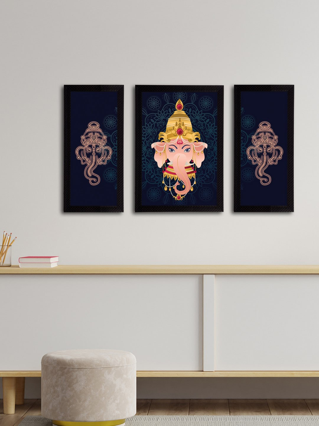 eCraftIndia Set of 3 Navy Blue & Yellow UV Print Wall Arts