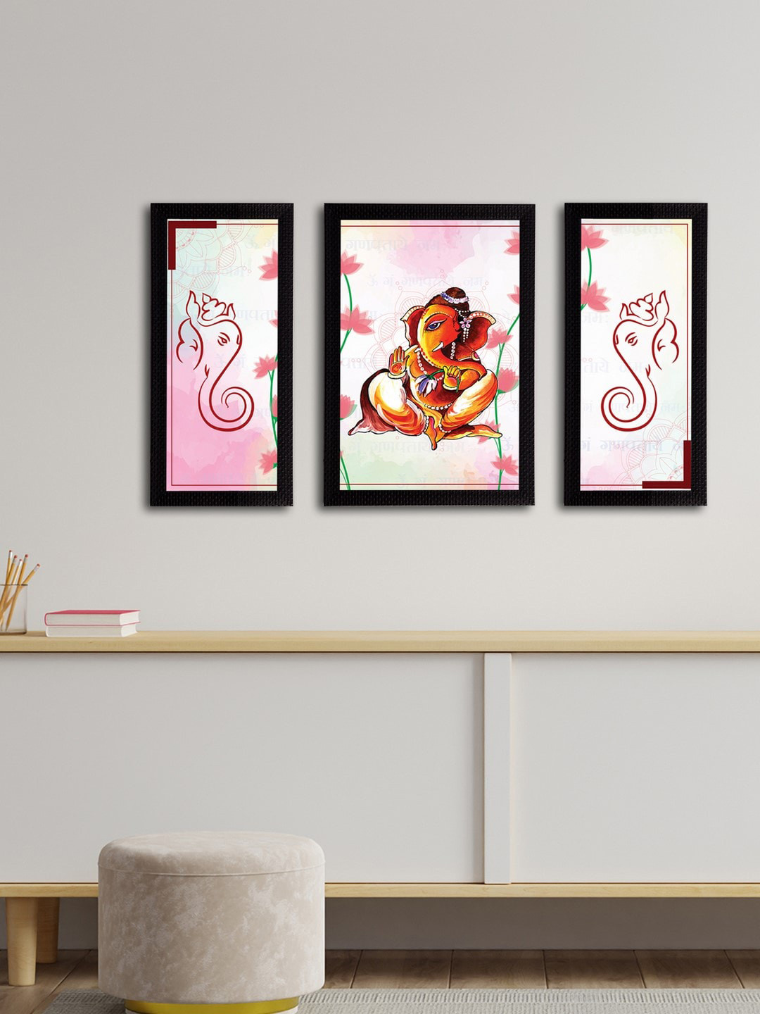 eCraftIndia Set of 3 Orange and White Lord Ganesha Satin Matt Texture UV Wall Arts