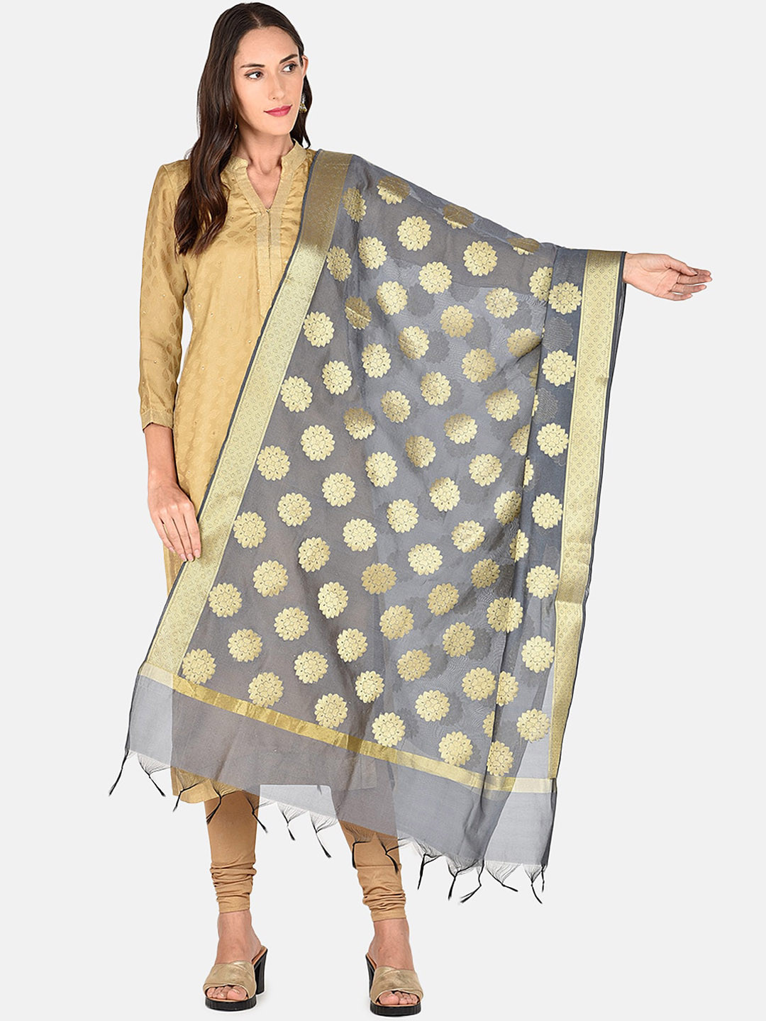 Dupatta Bazaar Grey & Gold-Toned Woven Design Dupatta