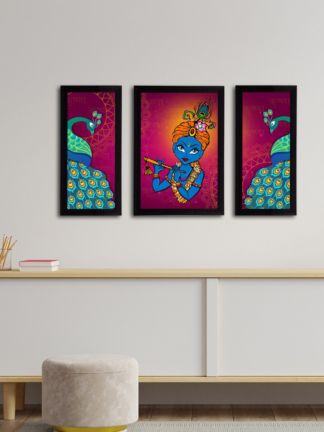 eCraftIndia Lord Krishna Paper 3 Piece Wall Rectangle Paintings Wall Art