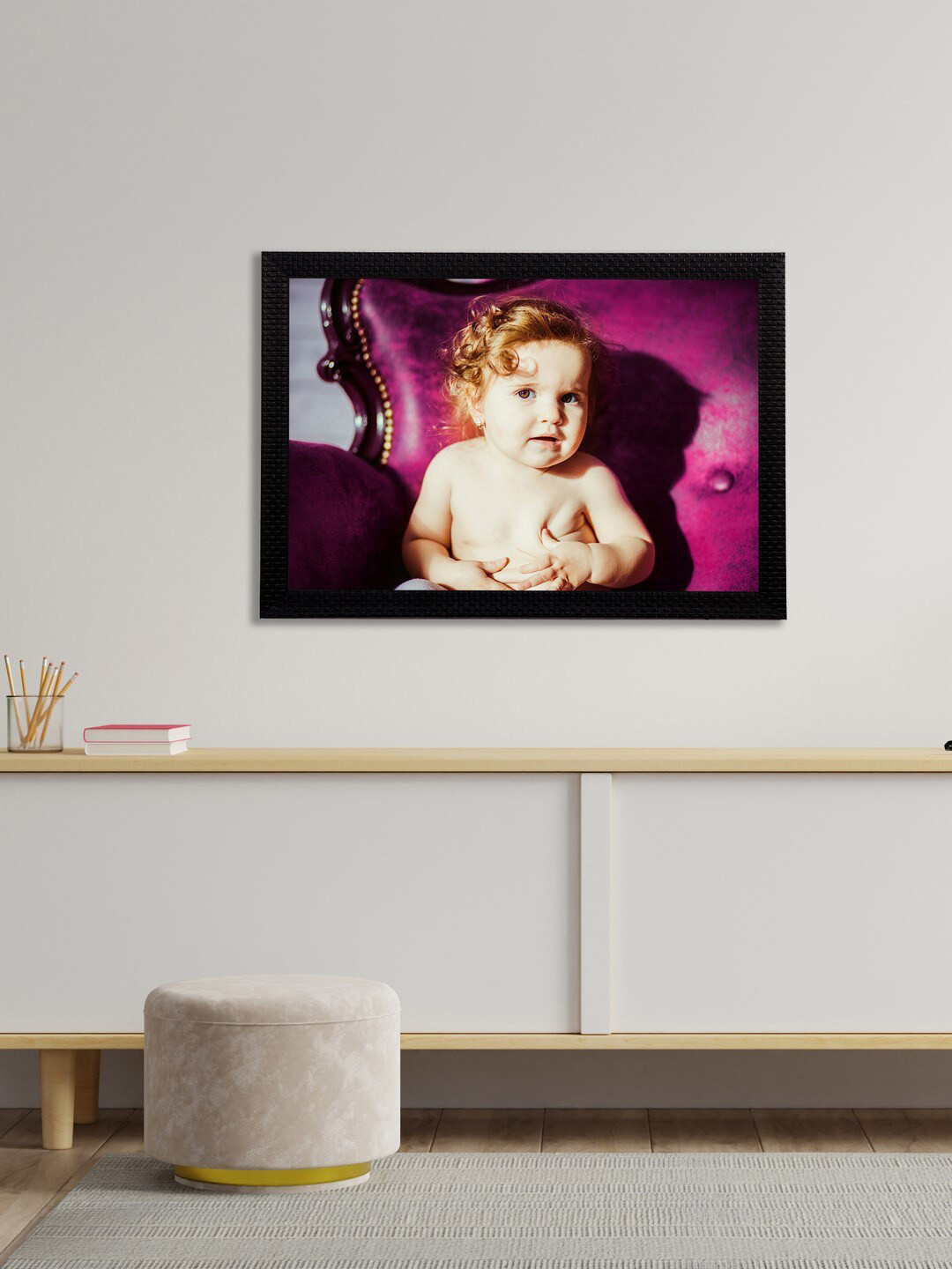 eCraftIndia Pink & Beige Cute Baby Satin Matt Textured UV Framed Wall Painting