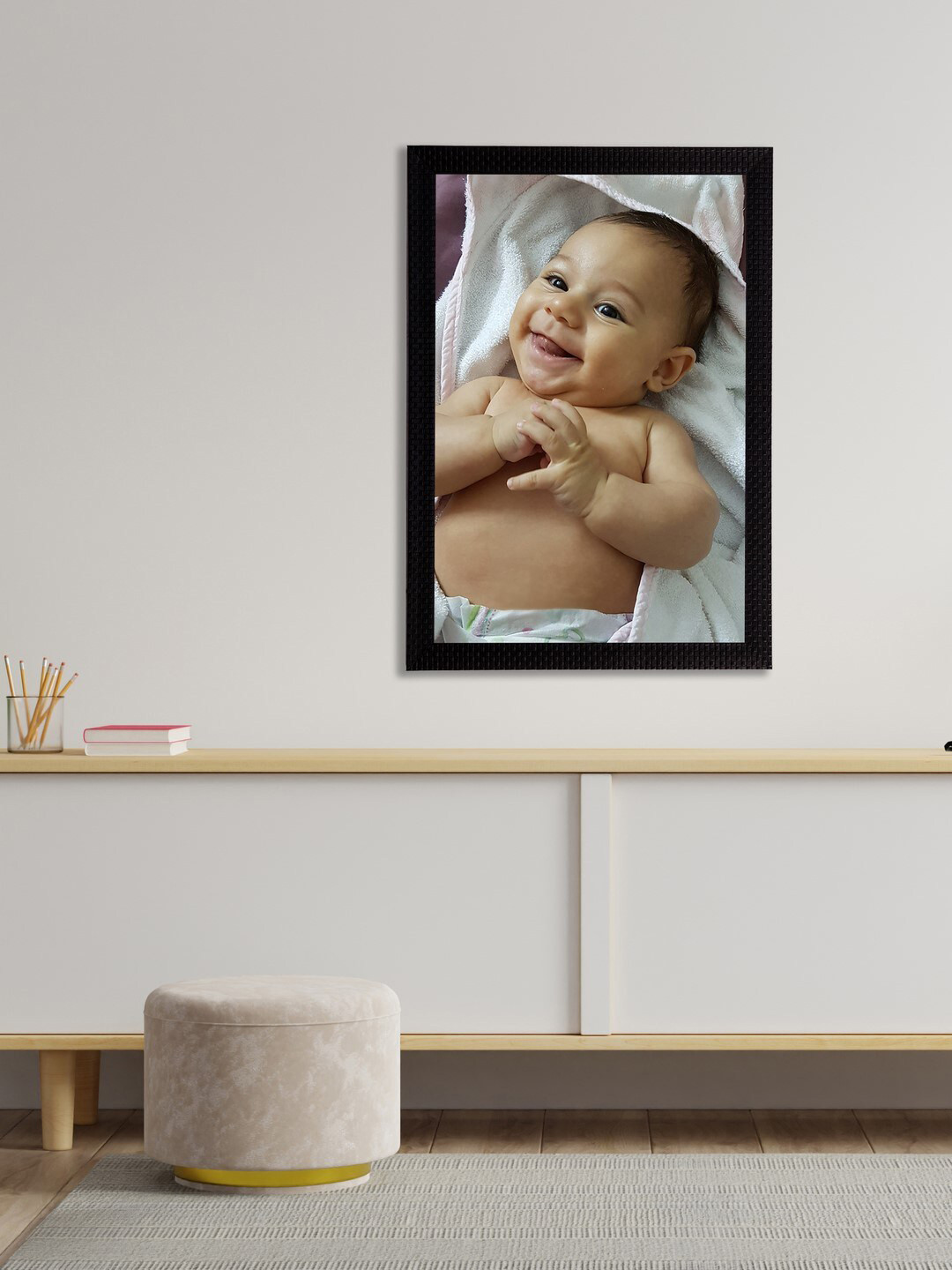 eCraftIndia White & Beige Cute Laughing Baby Satin Matt Textured UV Wall Art Painting