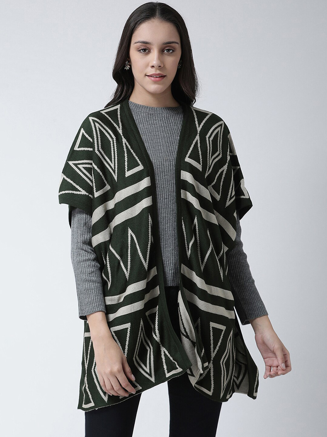 Club York Women Acrylic Green Printed Open Front Shrug