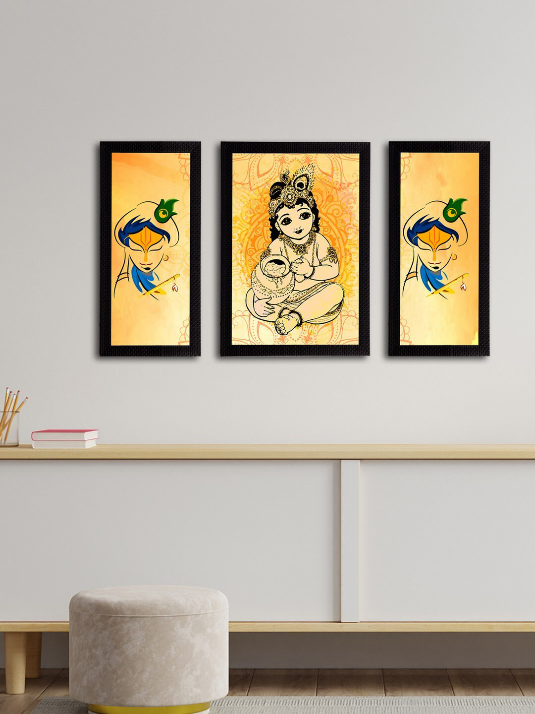 eCraftIndia Set of 3 Multicolored Lord Krishna Satin Matt Texture UV Art Paintings