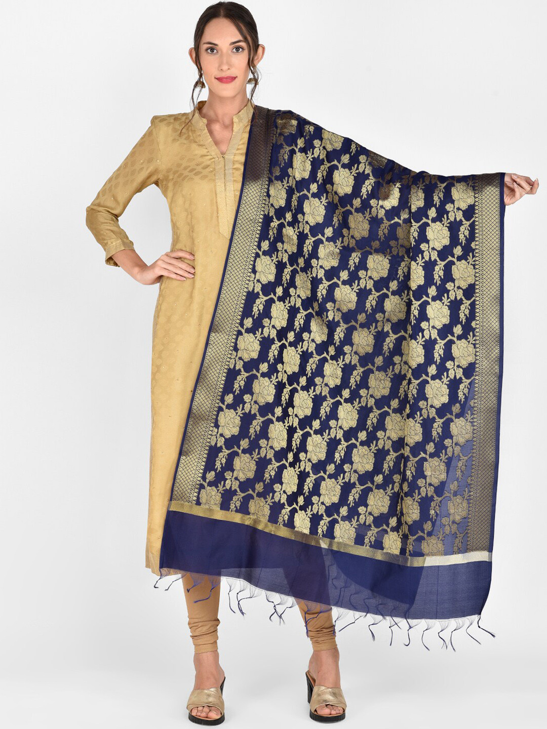 Dupatta Bazaar Blue & Gold-Coloured Woven Design Banarasi Dupatta