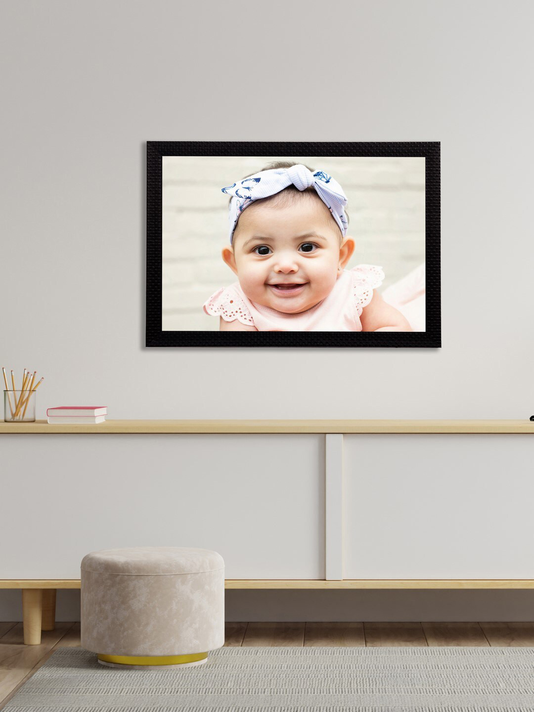 eCraftIndia Cream-Coloured & Peach-Coloured Cute Baby Satin Matt Textured UV Wall Art