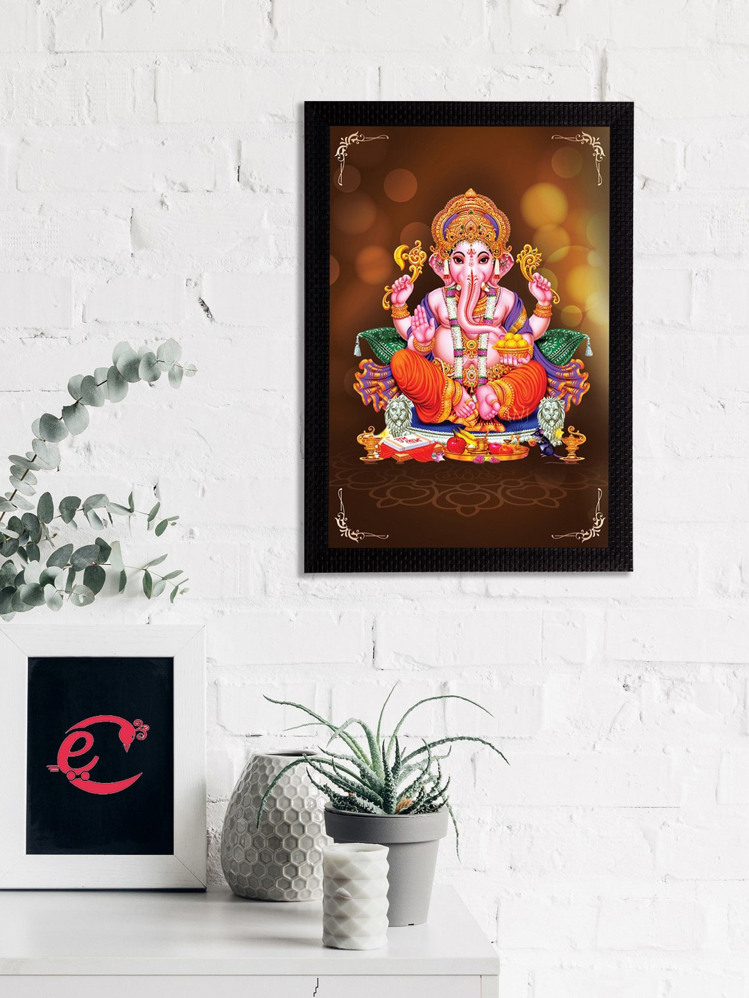 eCraftIndia Brown & Red Lord Ganesha Satin Matt Textured UV Wall Art
