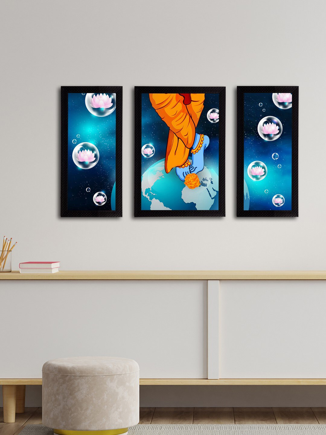 eCraftIndia Set of 3 Blue & Orange Lord Krishna Satin Matt Textured UV Wall Arts