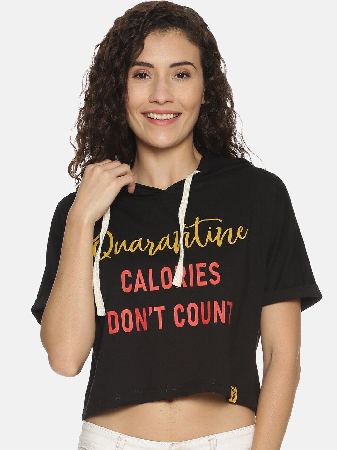 Campus Sutra Women Black Printed Hooded Crop Pure Cotton Top