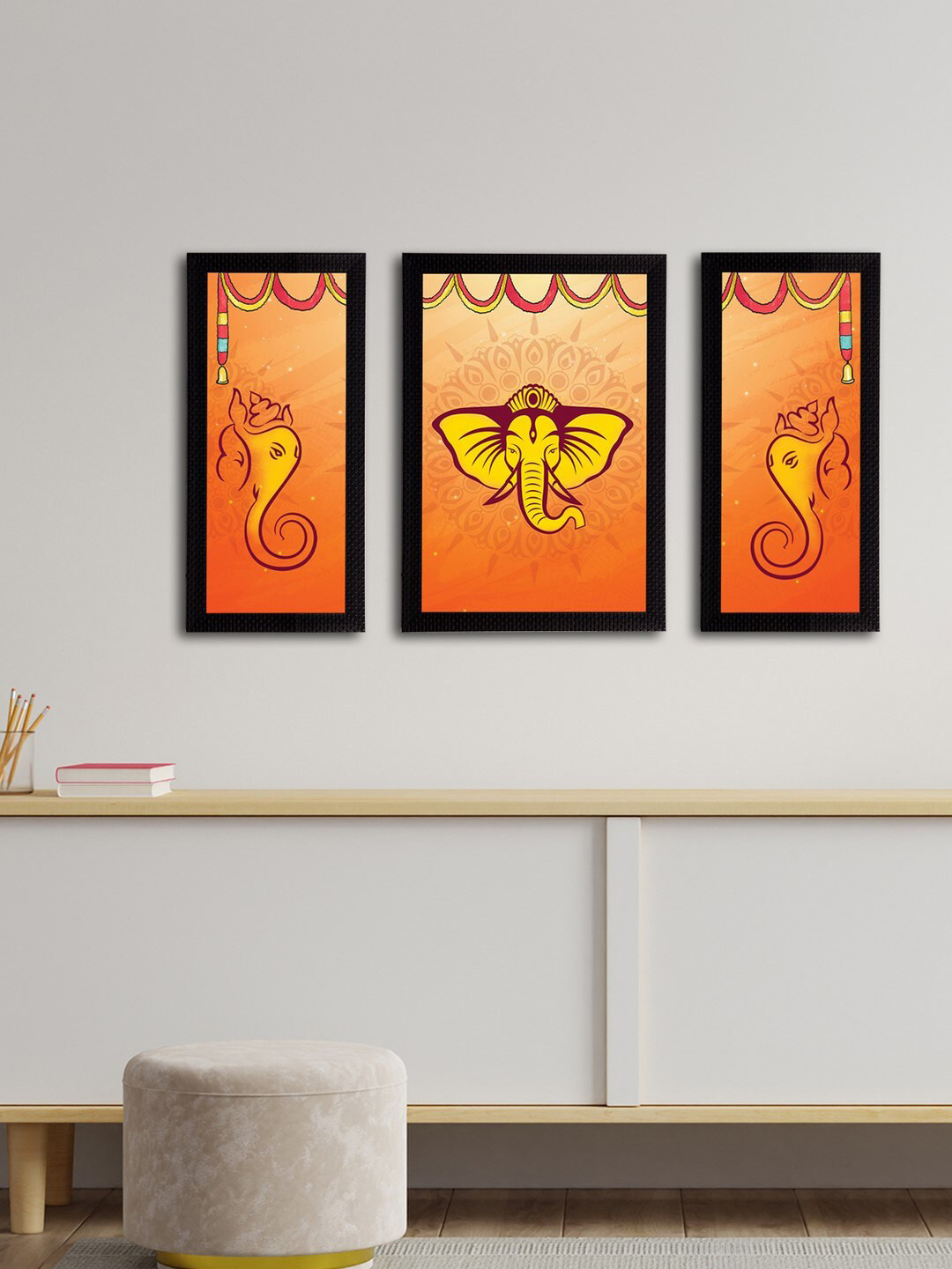 eCraftIndia Set Of 3 Orange & Yellow Lord Ganesha Satin Matt Texture UV Wall Arts