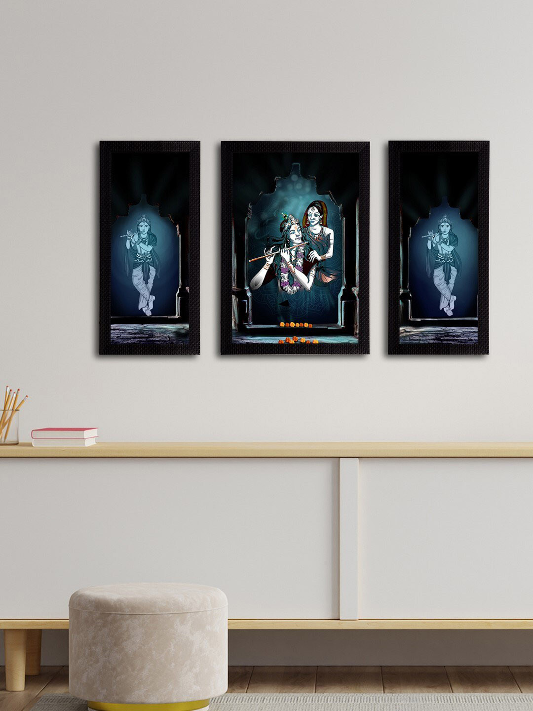 eCraftIndia Set of 3 Multicolored Radha Krishna Satin Matt Texture UV Wall Arts