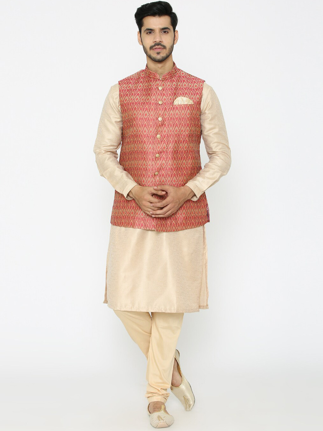 Manyavar Men Pink & Beige Self Design Kurta with Churidar & Nehru Jacket