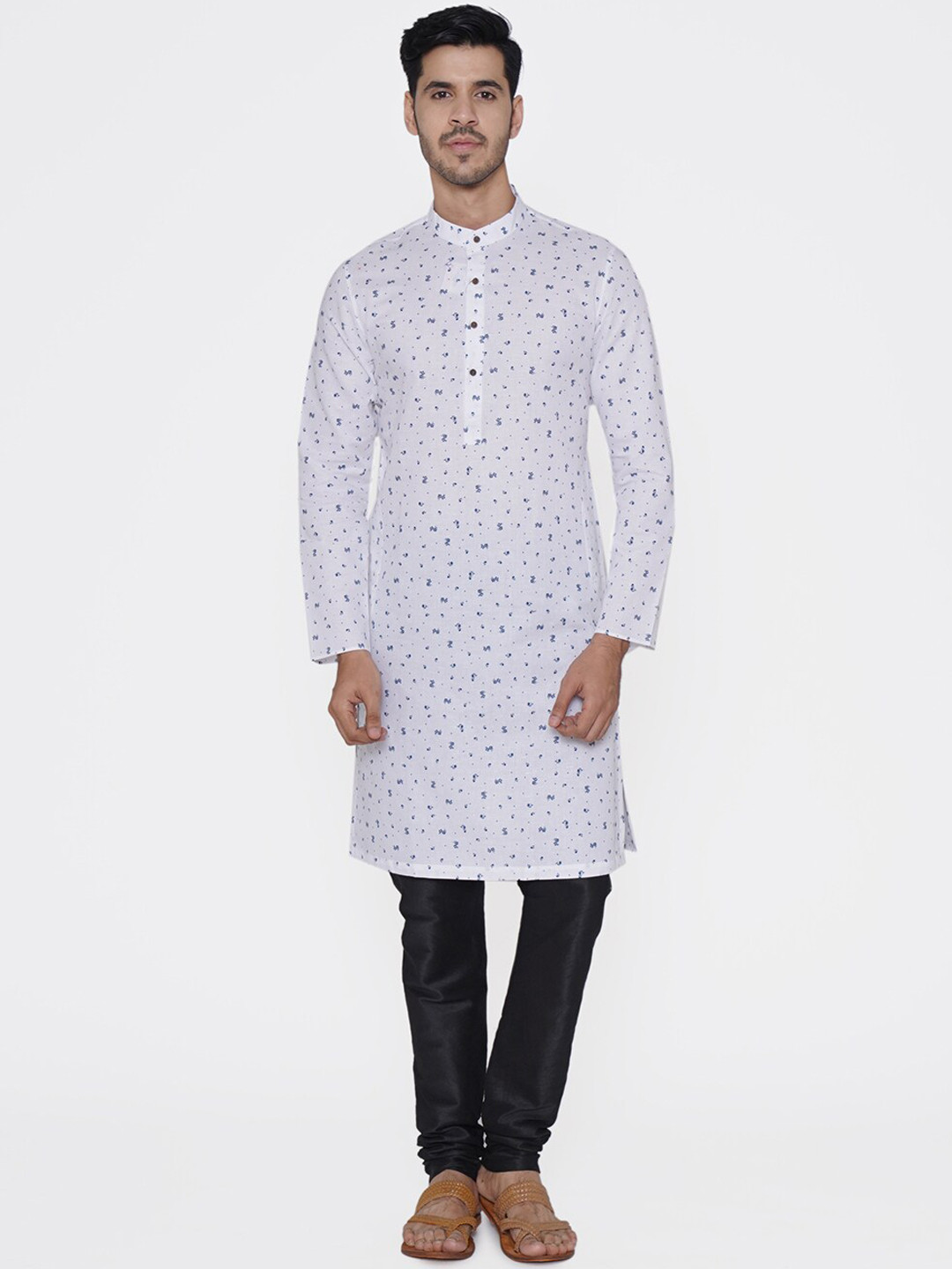 Manyavar Men White & Blue Printed Straight Kurta